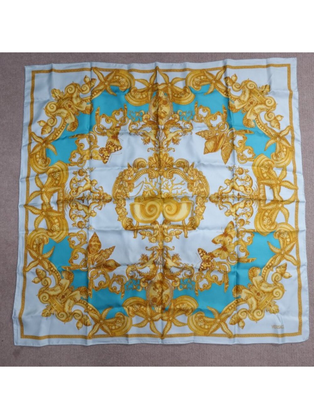 Versace Womens Scarf Blue Baroque 100% Silk Made in Italy